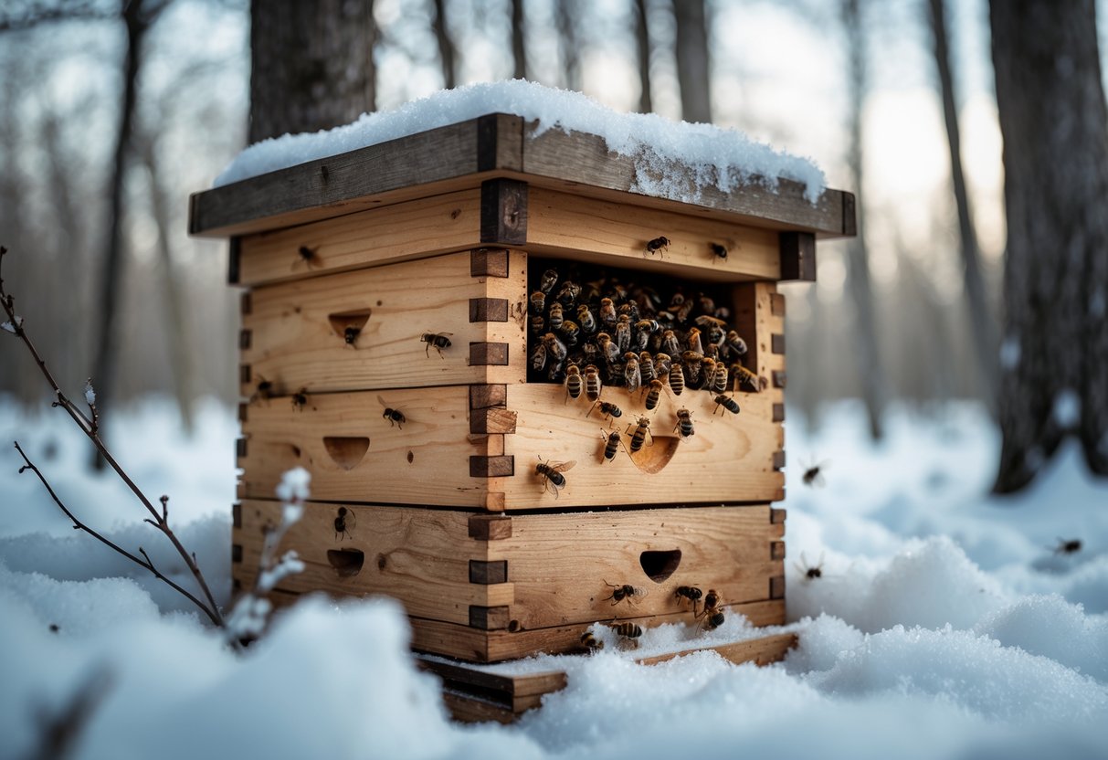 A snow-covered beehive in a winter forest with bees clustered at the entrance.