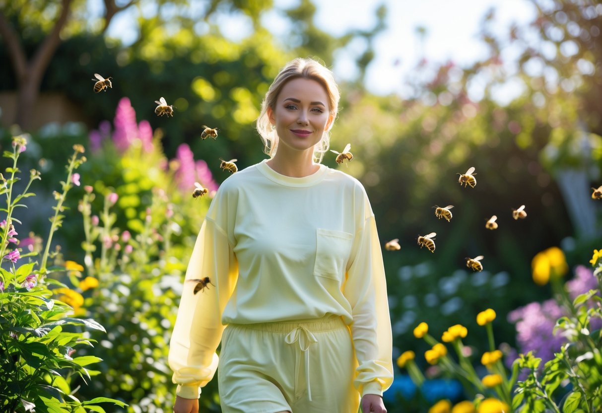 A person in light-colored clothing standing calmly in a garden with flowers and bees nearby.