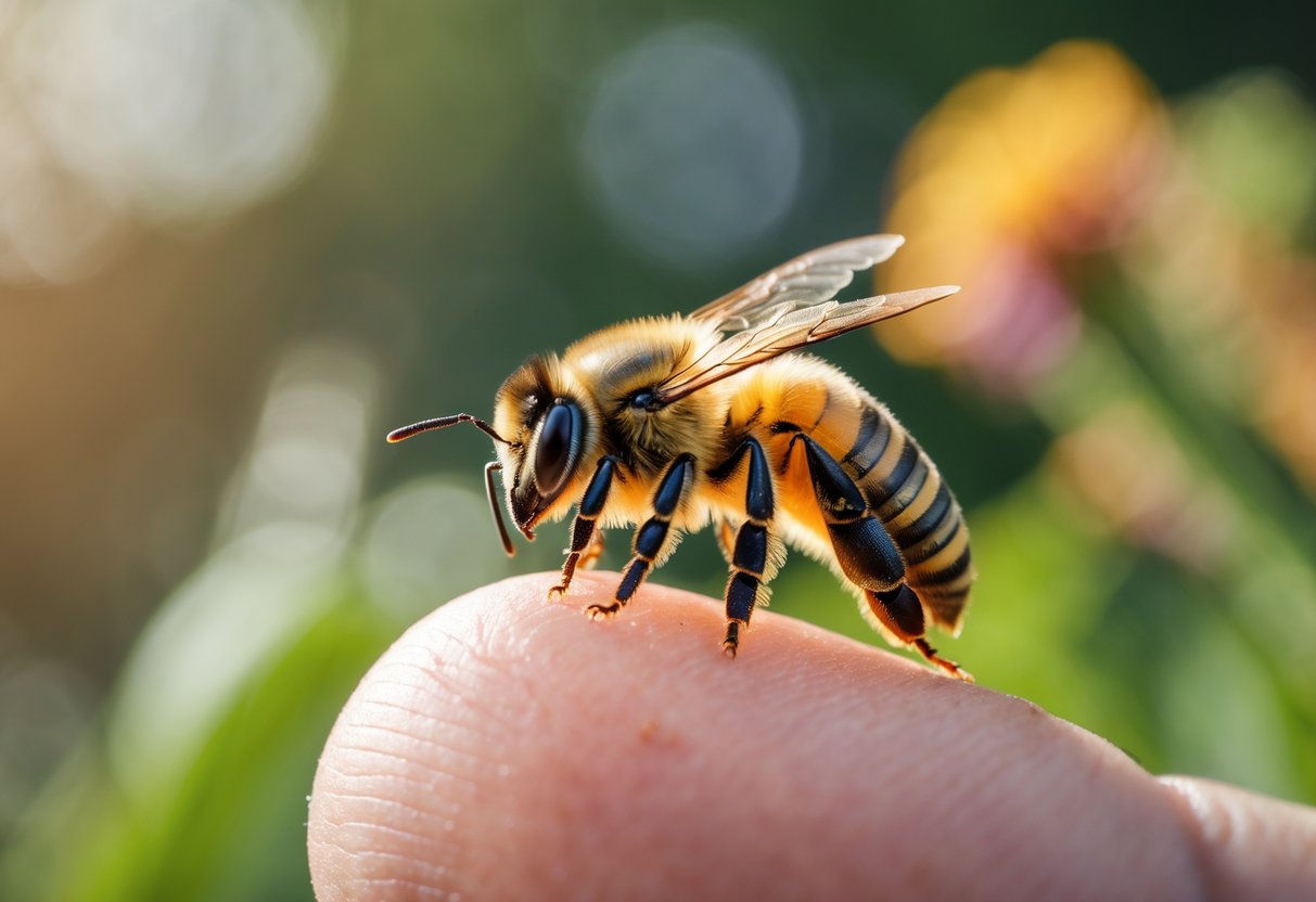 A honeybee sitting on a person's finger with a small red bump from a sting.