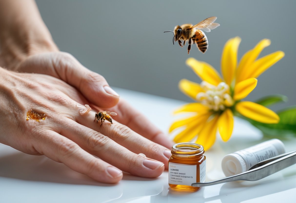 Close-up of a hand with a bee sting, surrounded by honey, cream, tweezers, and a bee flying near a yellow flower.