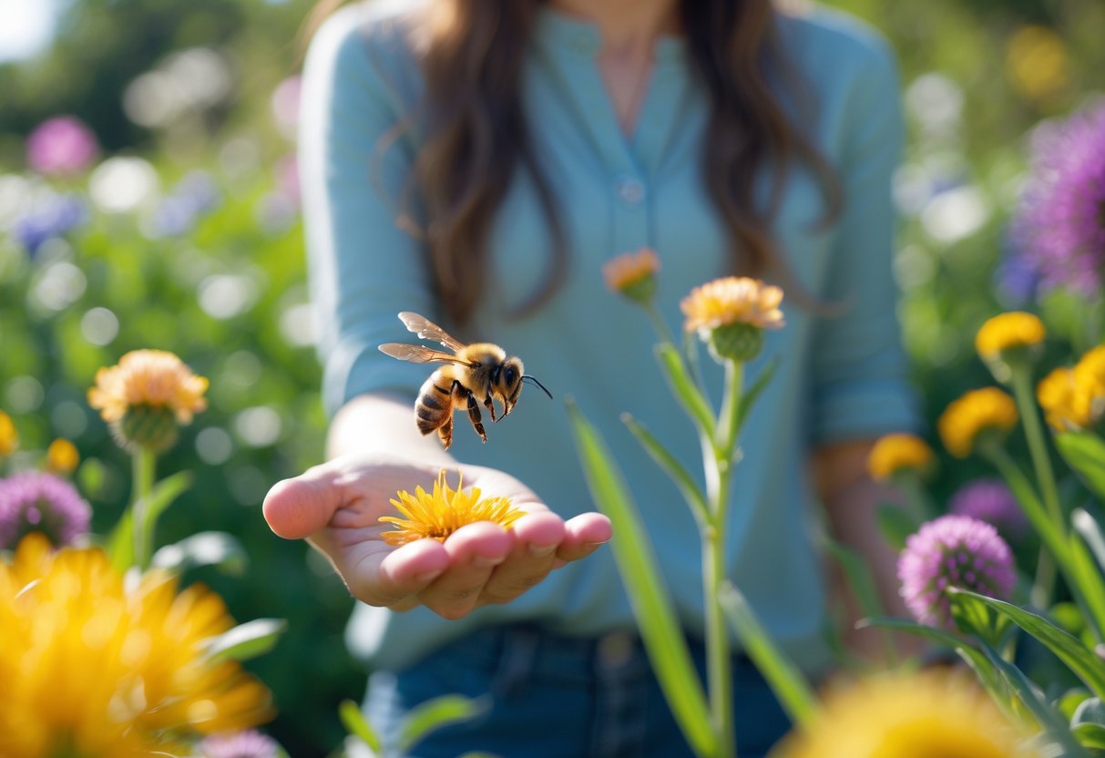 A person standing calmly in a garden with a bee hovering near their hand.