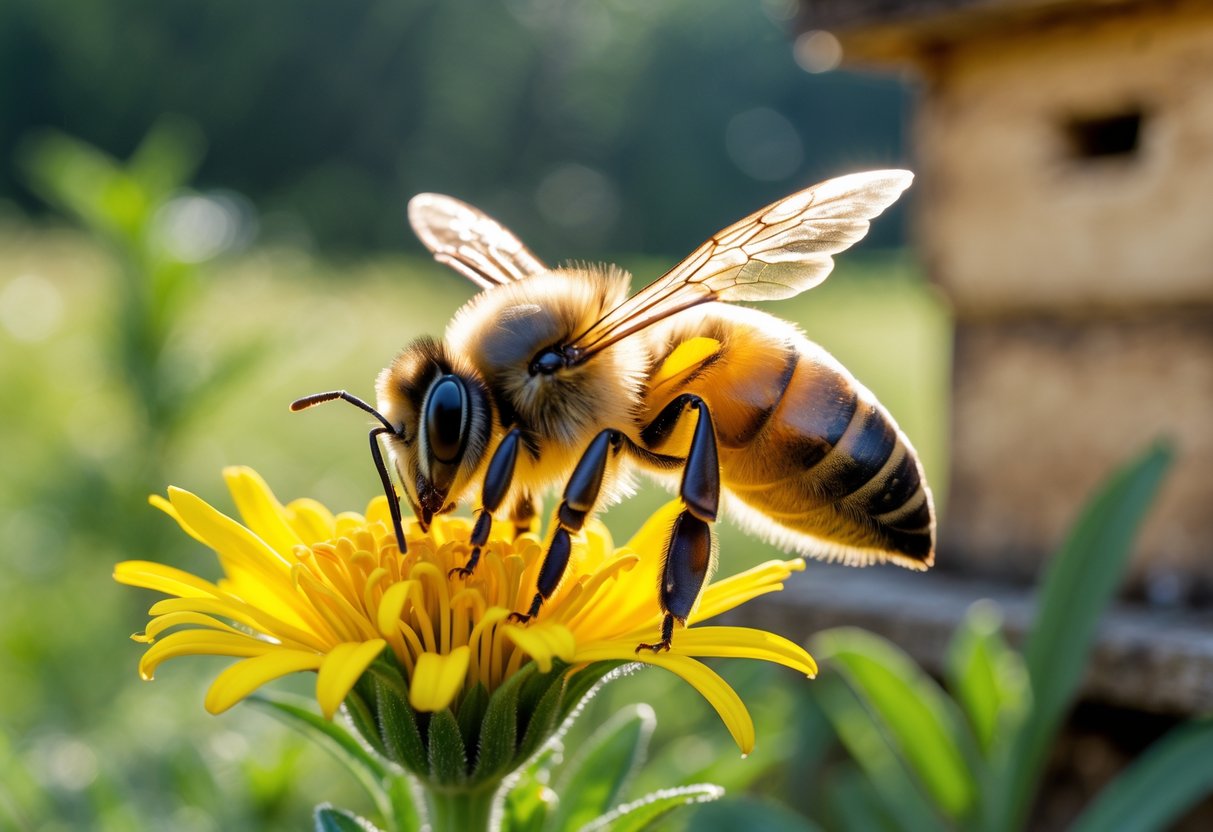 A honeybee resting on a yellow flower with a blurred beehive and green foliage in the background.