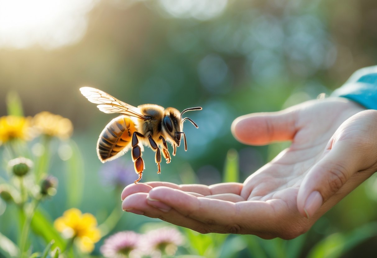 A close-up of a honeybee hovering near a person's still hand outdoors with flowers in the background.