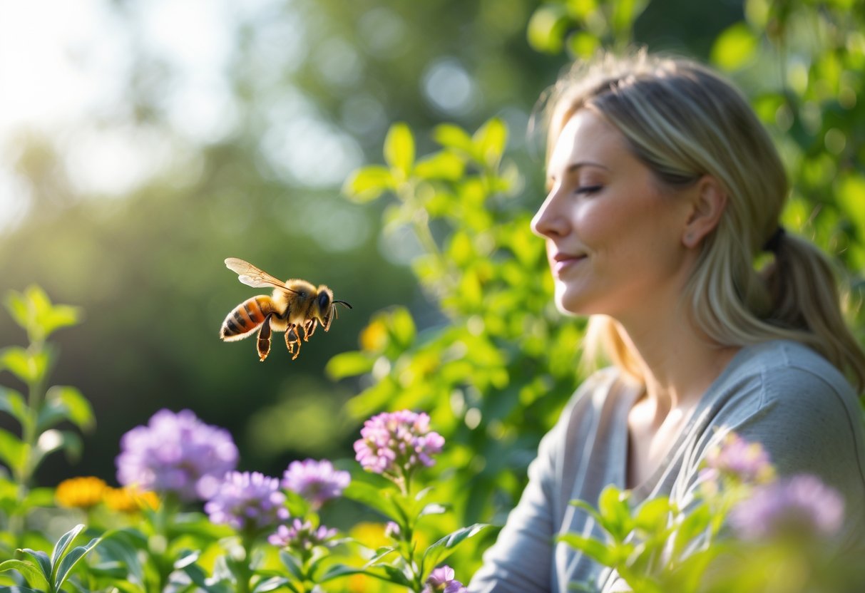 A person calmly watching a honeybee near blooming flowers in a garden.