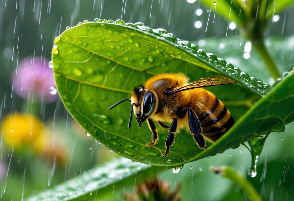 A honeybee sheltering under a green leaf during rain with raindrops falling around it in a garden.