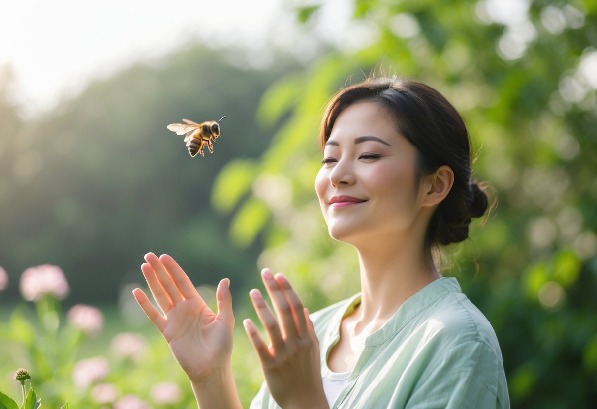 A person outdoors calmly standing with a bee flying near their face in a garden setting.