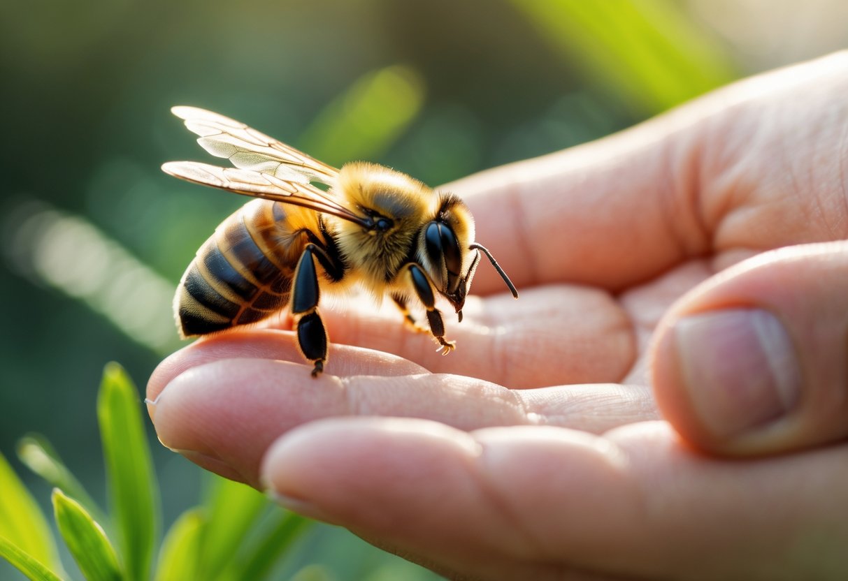 A person's hand gently holding a bee on their fingertip outdoors.