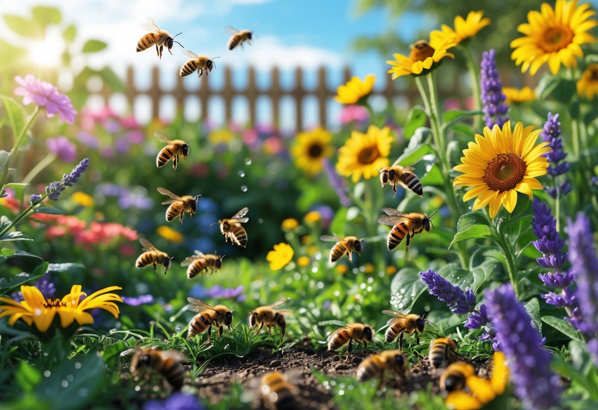 A garden with colorful flowers and honeybees, some bees appear weak or fallen on the ground.