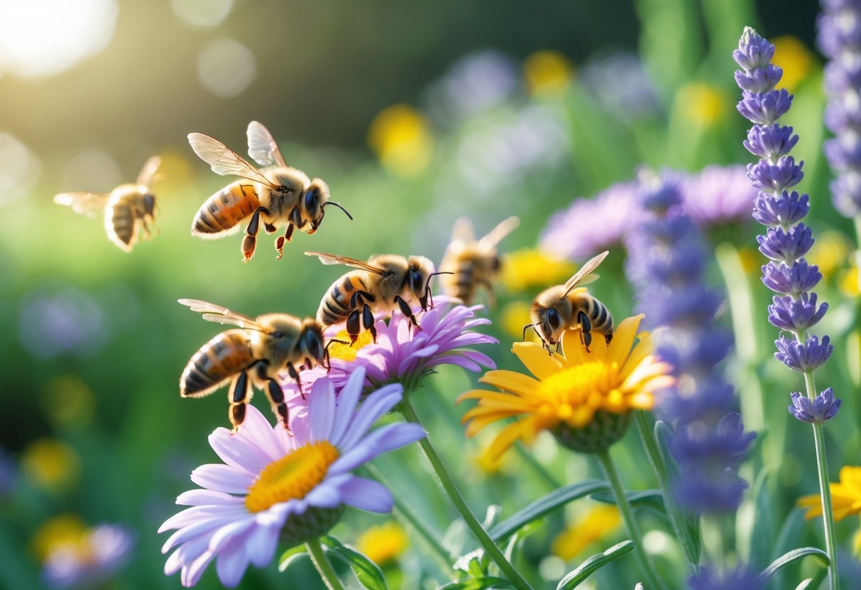 Close-up of bees pollinating colorful flowers in a garden with green plants in the background.