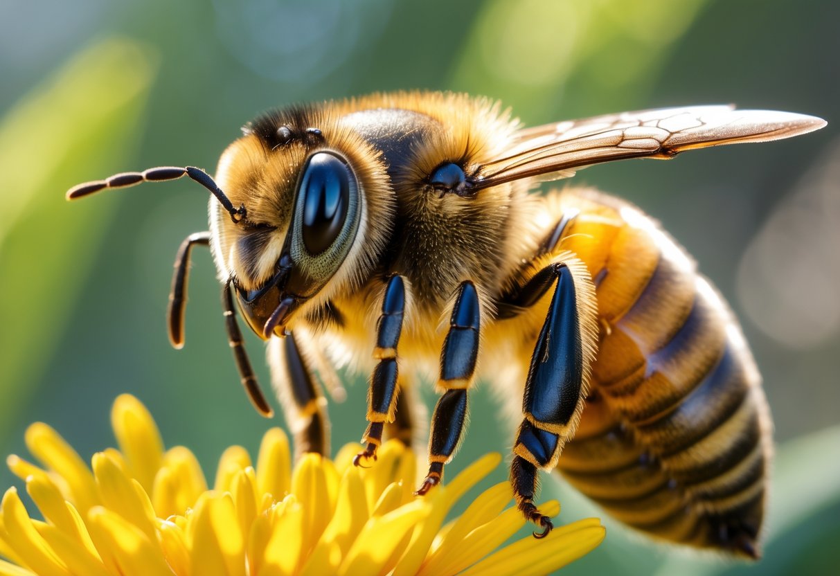 A close-up of a honeybee sitting on a yellow flower with its face clearly visible.