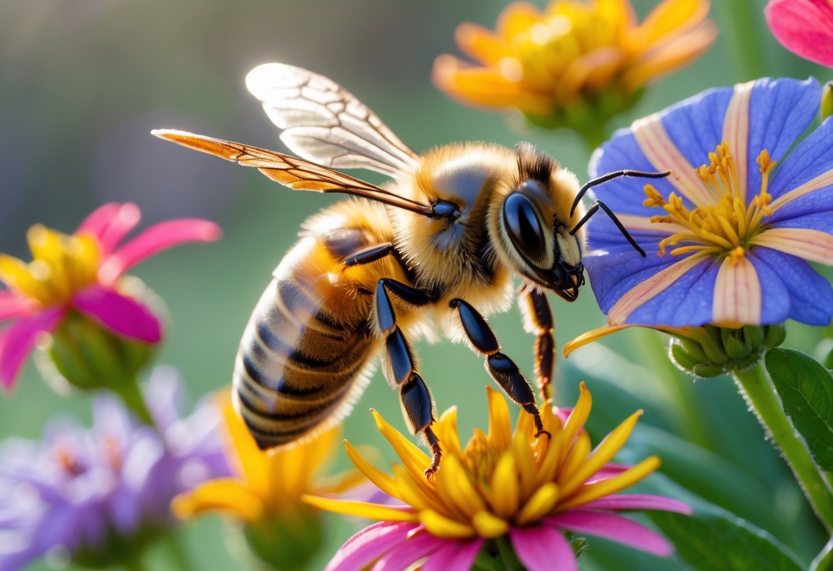 A close-up of a honeybee hovering near colorful flowers with detailed wings and eyes visible.