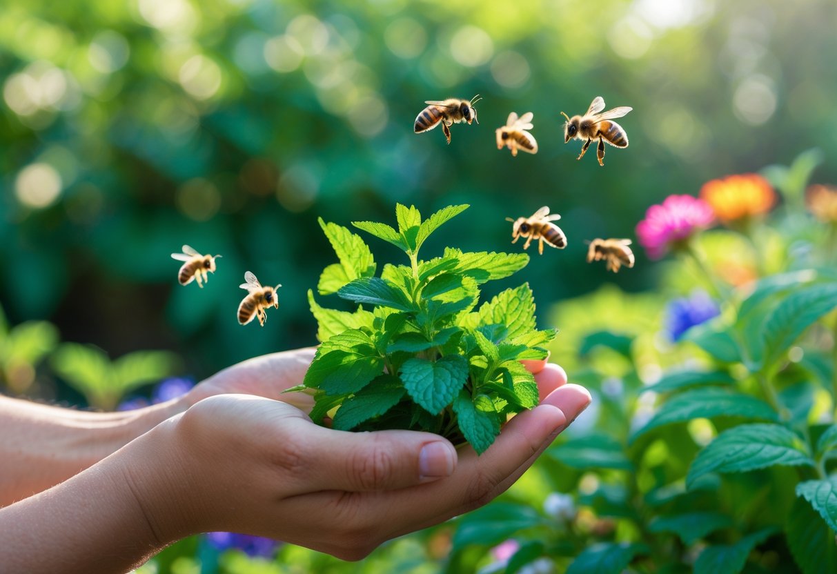 A hand holding fresh peppermint leaves with honeybees flying nearby but staying away in a garden setting.