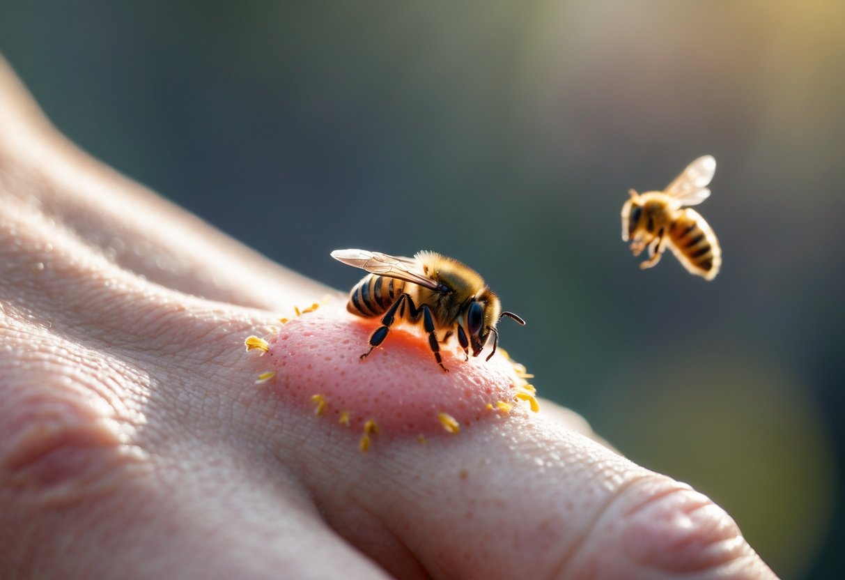 Close-up of a hand with a bee stinger embedded in the skin surrounded by redness and swelling.