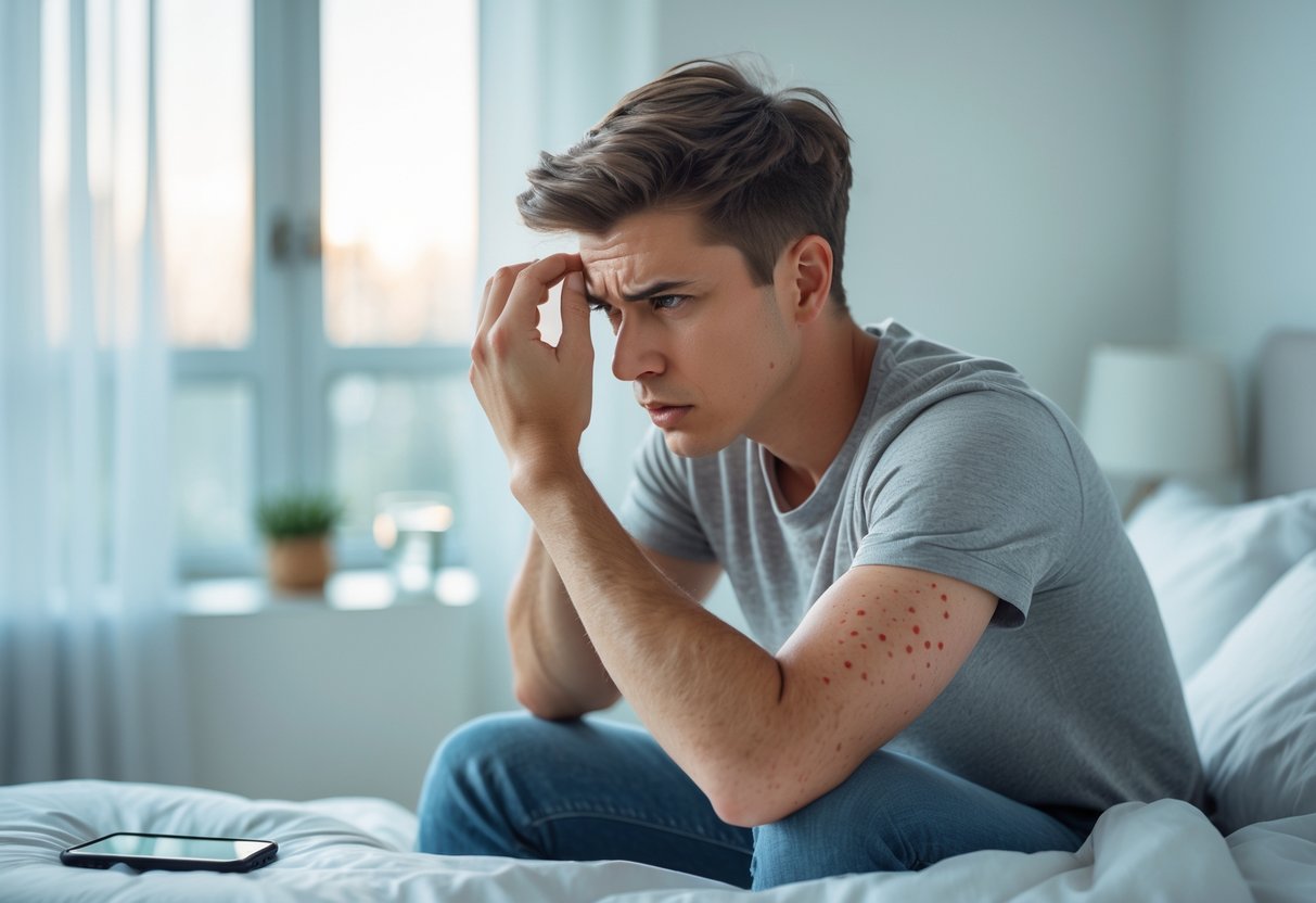 A young adult sitting on a bed, scratching red itchy bumps on their forearm, looking concerned.