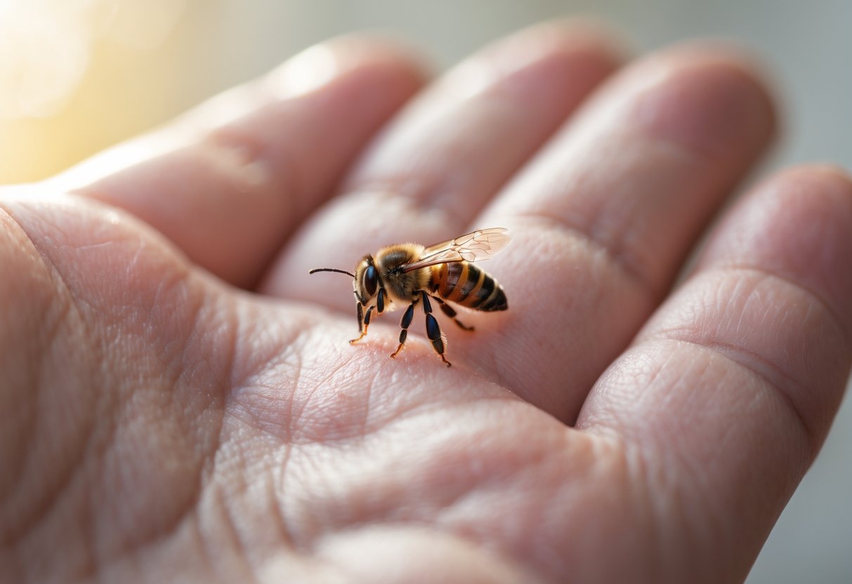 Close-up of a hand with a bee stinger embedded in the skin and slight redness around it.