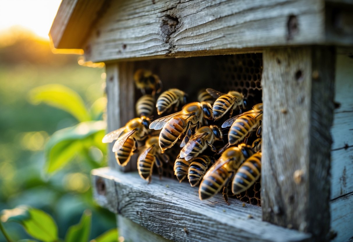 Honeybees clustered together inside the entrance of a wooden beehive at dusk surrounded by green leaves.