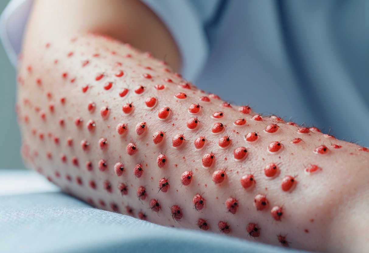 Close-up of a forearm with multiple small red itchy bites and rashes resembling bed bug bites.