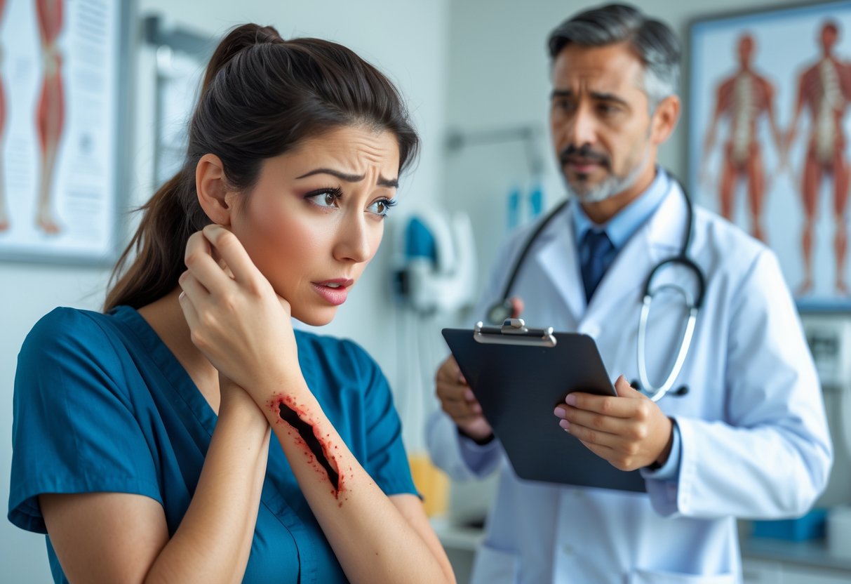 A young woman examining a bite on her forearm while a healthcare professional looks on in a medical office.