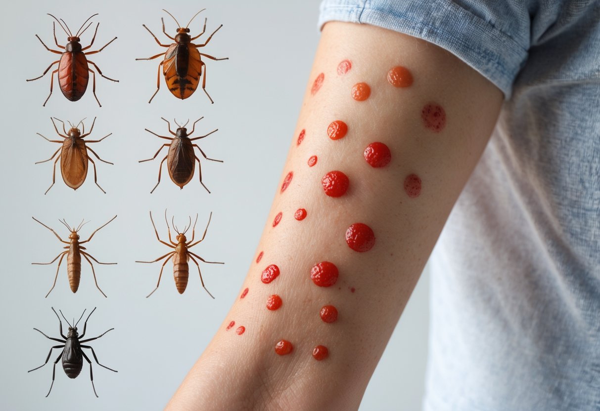 Close-up of a human arm showing different types of skin irritations and bite marks with small images of insects like mosquitoes and fleas nearby.