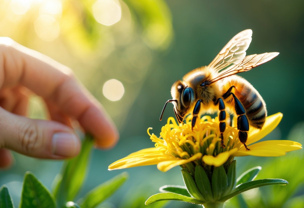 A close-up of a honeybee on a yellow flower with a blurred garden background and a gentle hand reaching toward it.