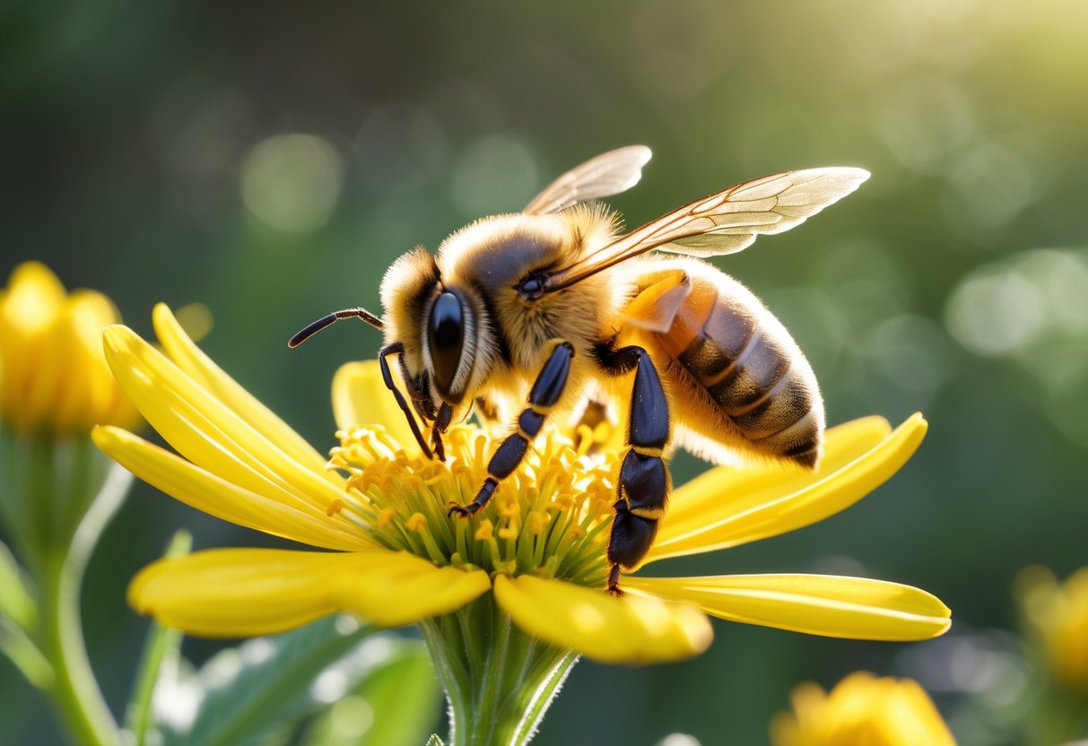 Close-up of a honey bee sitting on a yellow flower outdoors.