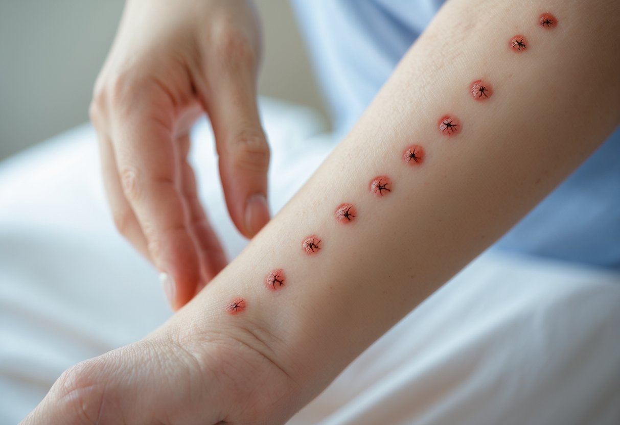 Close-up of a forearm with several small red bite marks and a hand gently touching the skin.