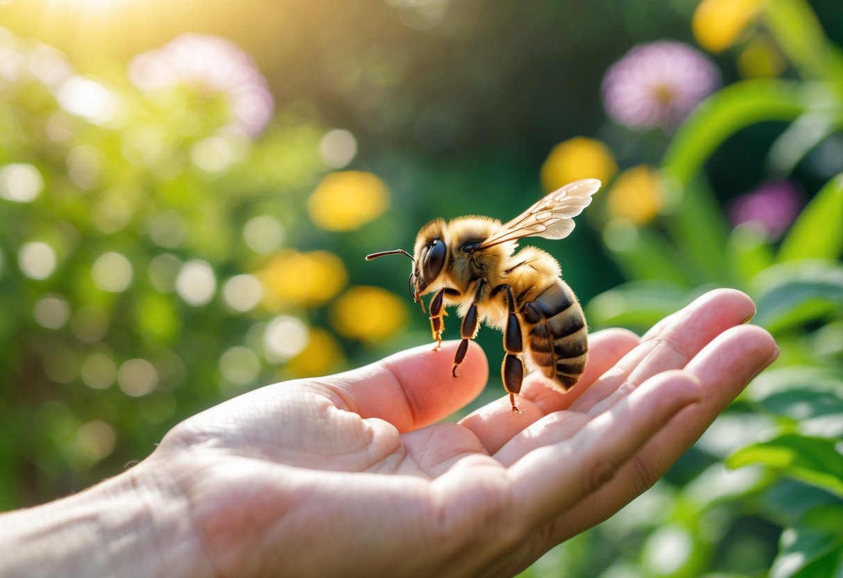 A bee resting on a person's open hand surrounded by green plants and flowers.