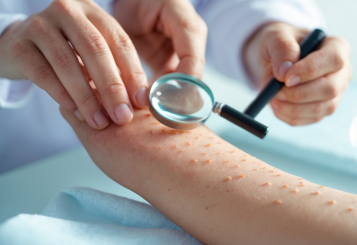 Close-up of a person examining their skin with a magnifying glass, showing redness and small bumps.