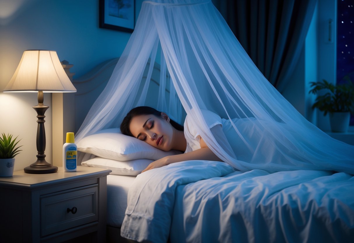 A person sleeping peacefully inside a mosquito net in a softly lit bedroom at night with insect repellent on the nightstand.