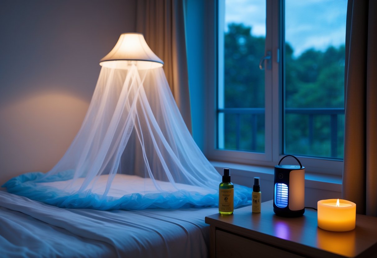 A bedroom at night with a bed covered by a mosquito net, a nightstand holding mosquito repellent products and a citronella candle, and a screened window slightly open.