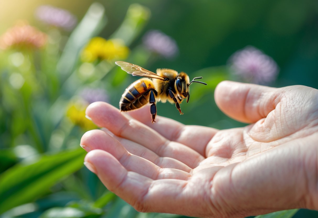 A bee flying close to a person's open hand outdoors with green plants and flowers in the background.