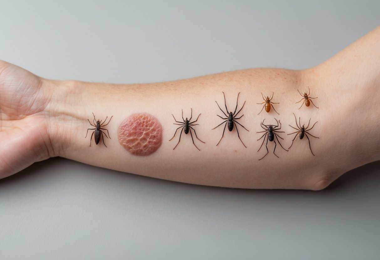 Close-up of a person's arm showing different types of insect bites with redness and swelling.
