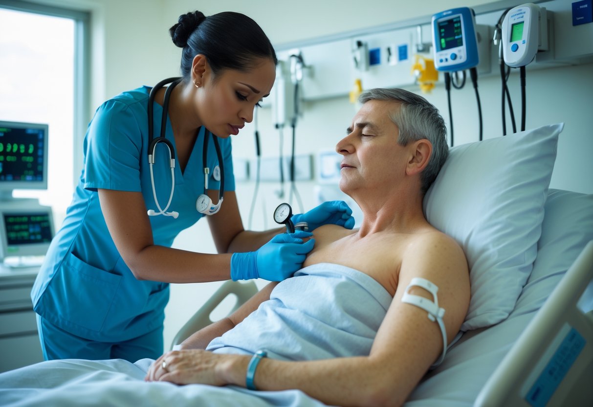 A healthcare professional checking a patient’s vital signs in a hospital room, with the patient looking tired and pale.