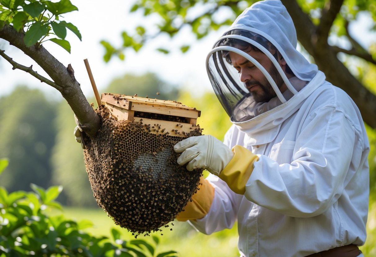 Person in protective beekeeping gear removing a bees' nest from a tree branch outdoors.