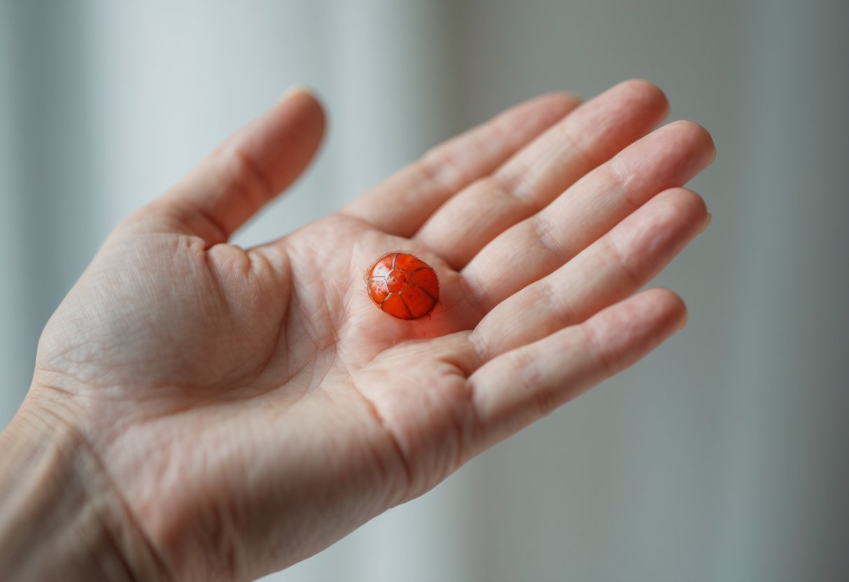 Close-up of a hand with a swollen red bump from a bug bite on the skin.
