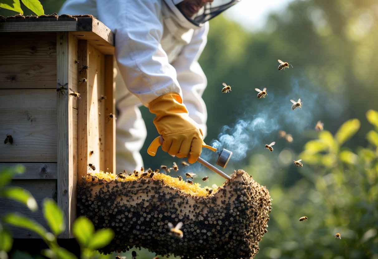 A person in protective gear removing a bee nest from a wooden structure outdoors with bees flying around.