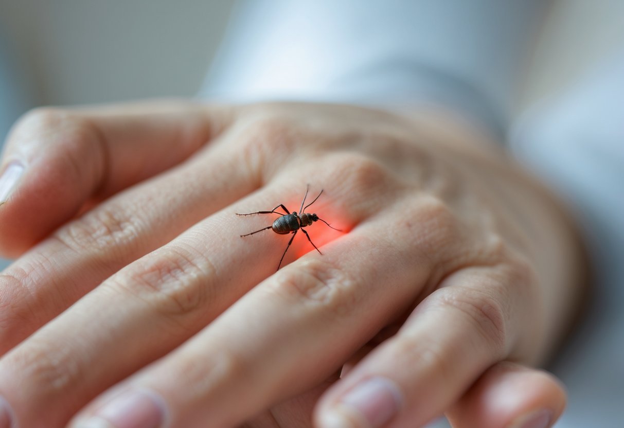 Close-up of a swollen and red bug bite on a person's hand.