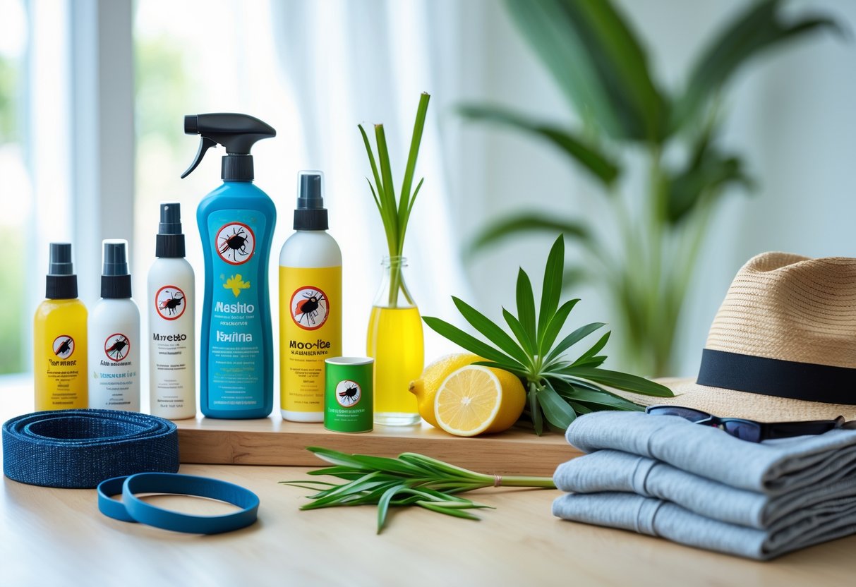 A collection of mosquito repellent products, natural remedies, and travel clothing arranged on a table.