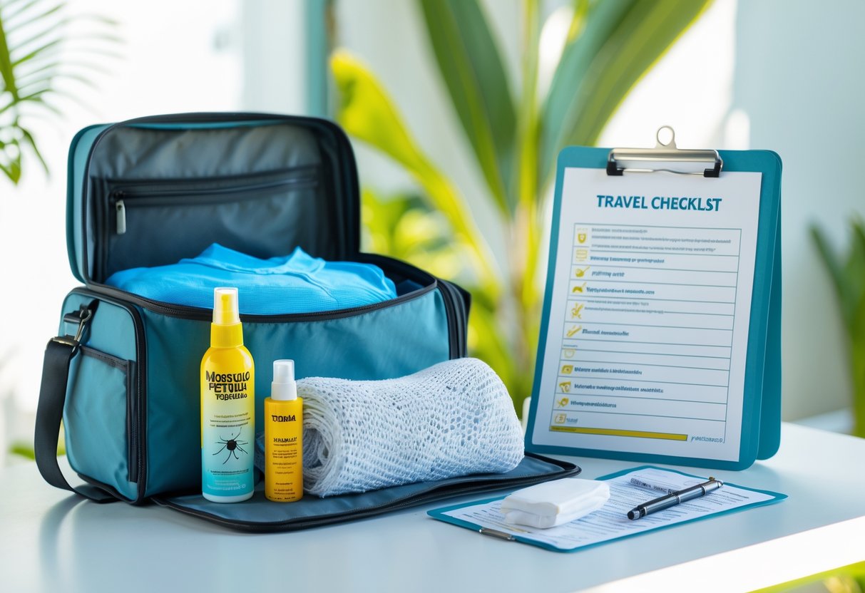 An open travel bag packed with mosquito repellent spray, lotion, mosquito nets, long-sleeve clothing, a hat, and a first aid kit, alongside a travel checklist on a clipboard.