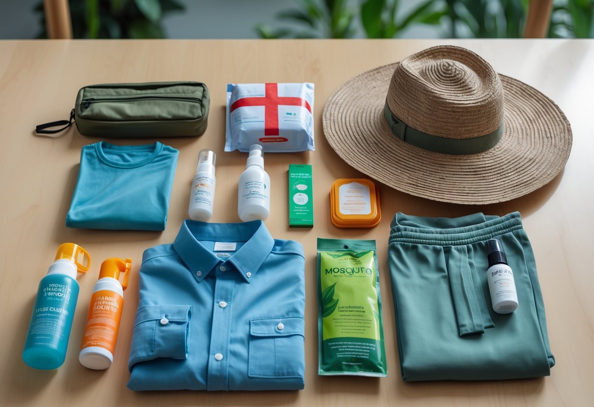 A travel preparation scene with mosquito repellent spray, wristbands, clothing, and other items arranged on a wooden surface.