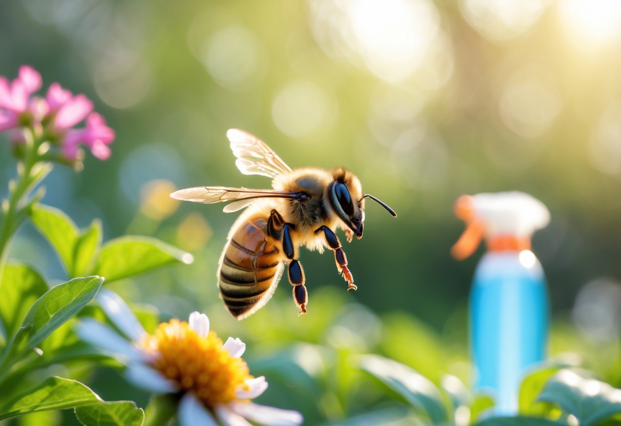 A close-up of a honeybee flying near a flower with a hand gently moving away in the background in a garden.