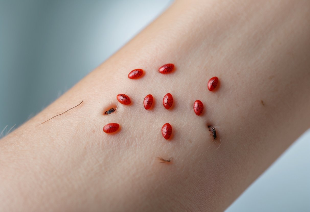 Close-up of a forearm with several small red flea bites and slight skin irritation.