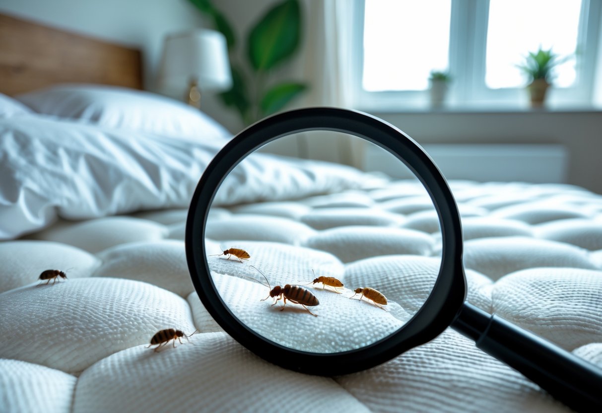 Close-up of a mattress with a magnifying glass showing small insects resembling bed bugs and fleas.