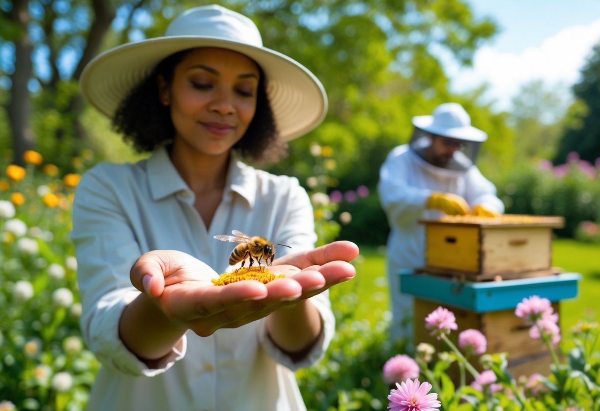 A person calmly holding a bee on their hand in a garden with flowers and a beekeeper working near a beehive in the background.