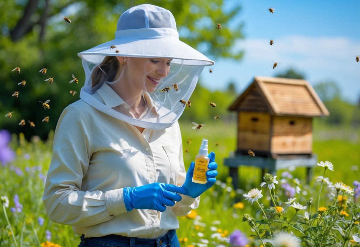 Person wearing protective clothing and a bee veil standing calmly near flowers and a beehive in a sunny garden.