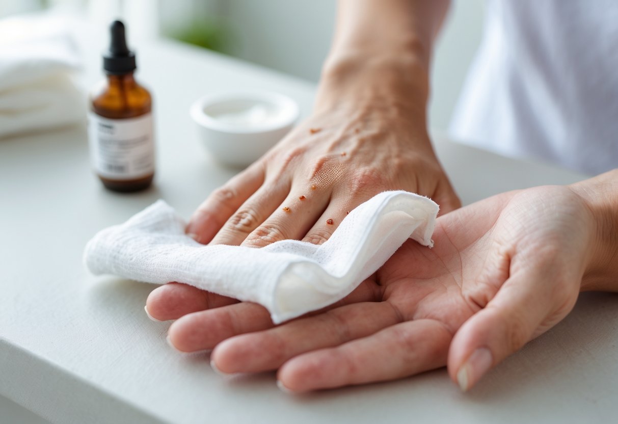 A person’s hand being gently treated for a bee sting with a cloth pressing on the sting site and antiseptic nearby.