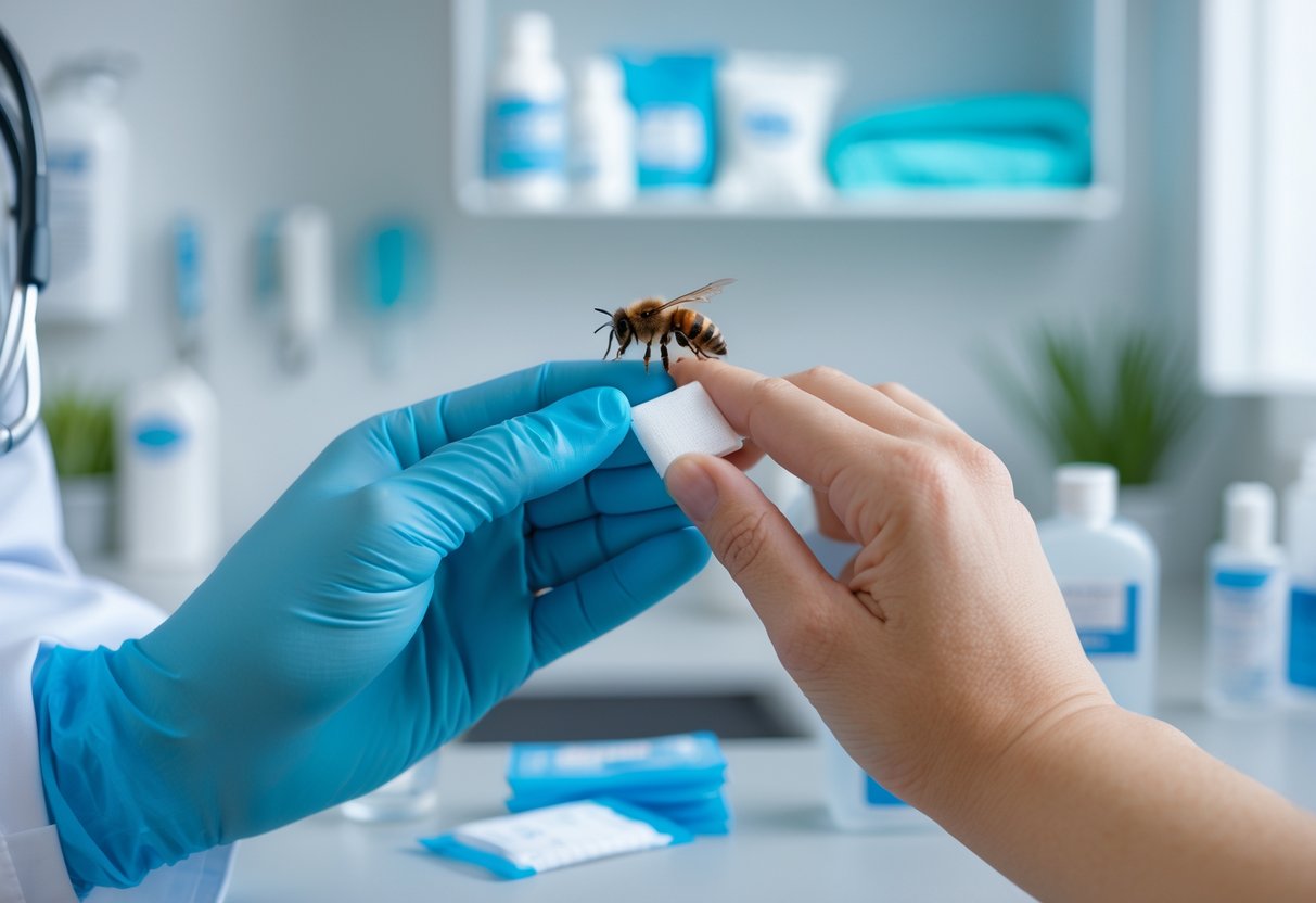 A healthcare professional wearing blue gloves examining a person's finger with a bee sting in a medical setting.