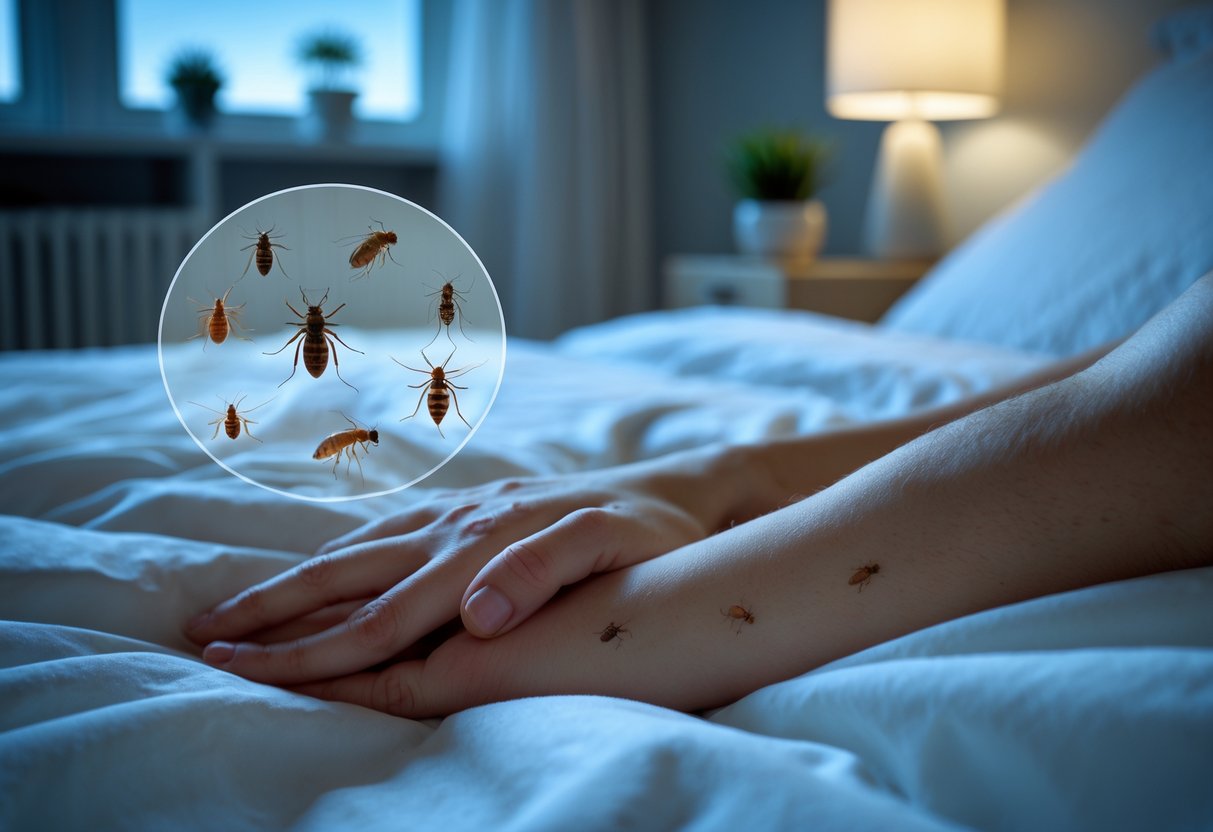 Close-up of an arm with red bite marks resting on a bed sheet at night with a blurred bedroom background and faint images of mosquitoes and other insects nearby.