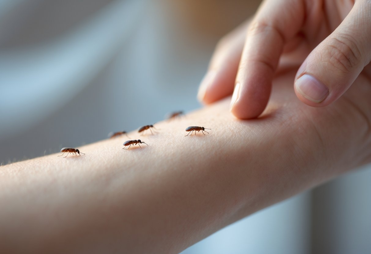 A person touching their forearm with a concerned expression, feeling tiny bugs crawling on their skin that are hard to see.
