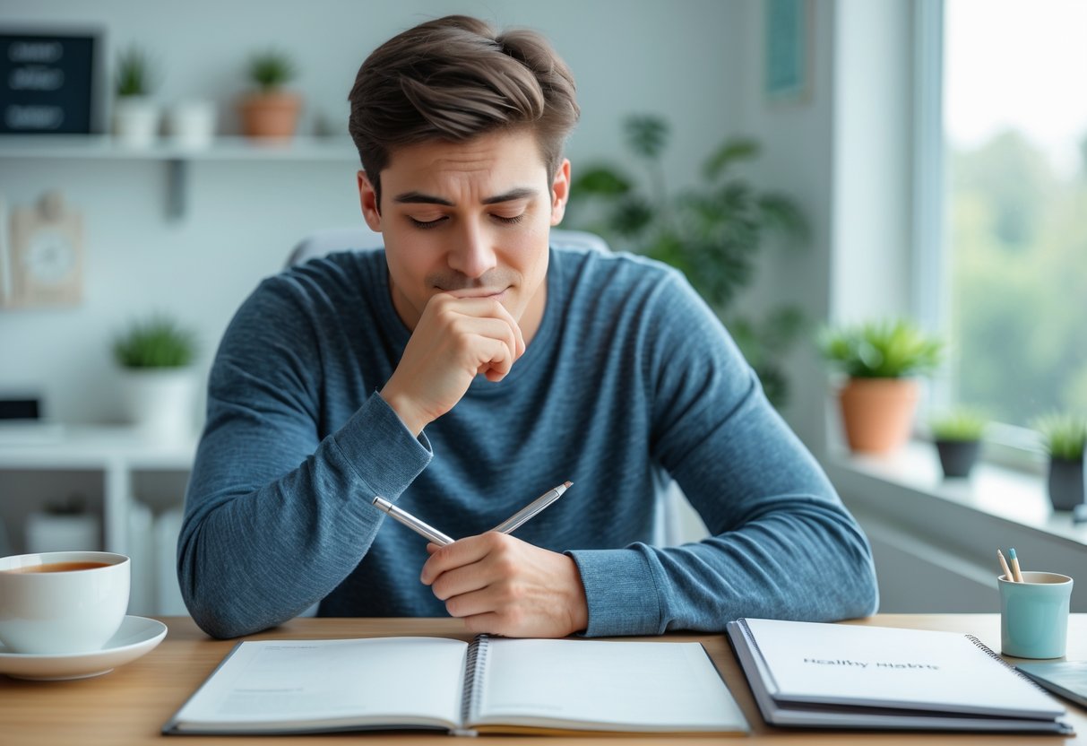 A young adult sitting at a desk in a home office, gently biting the tip of a pen while surrounded by a plant, a cup of tea, and an open notebook.